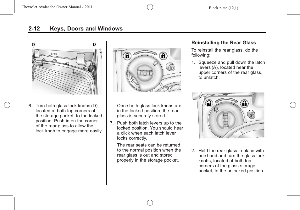 12 keys, doors and windows | CHEVROLET 2011 Avalanche User Manual | Page 48 / 508