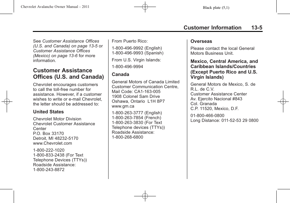 Customer assistance offices (u.s. and canada), Customer assistance offices, U.s. and canada) -5 | CHEVROLET 2011 Avalanche User Manual | Page 481 / 508