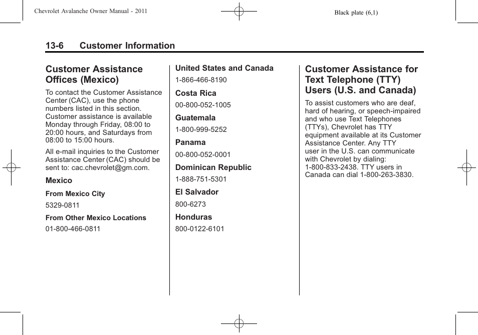 Customer assistance offices (mexico), Customer assistance offices, Mexico) -6 | Customer assistance for text, Telephone (tty) users (u.s. and canada) -6, Reporting safety | CHEVROLET 2011 Avalanche User Manual | Page 482 / 508