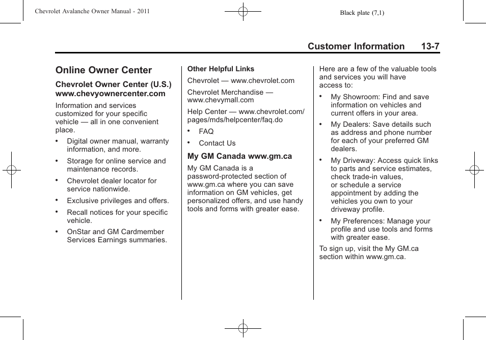 Online owner center, Online owner center -7, Privacy | Customer information 13-7 | CHEVROLET 2011 Avalanche User Manual | Page 483 / 508