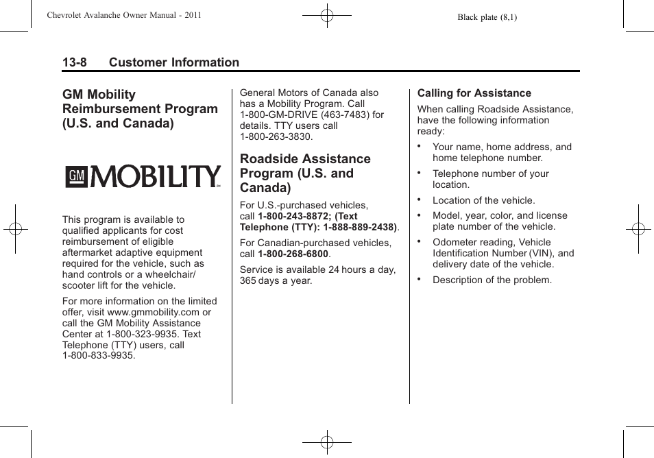 Roadside assistance program (u.s. and canada), Gm mobility reimbursement, Program (u.s. and canada) -8 | Roadside assistance program, U.s. and canada) -8, Navigation, 8 customer information | CHEVROLET 2011 Avalanche User Manual | Page 484 / 508