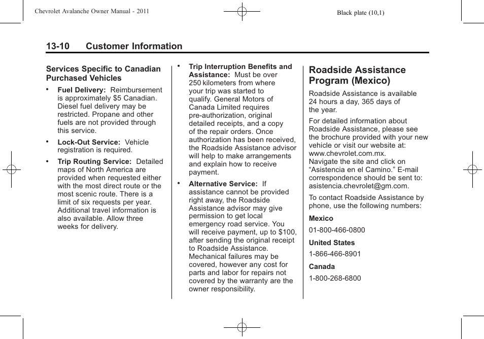 Roadside assistance program (mexico), Roadside assistance, Program (mexico) -10 | 10 customer information | CHEVROLET 2011 Avalanche User Manual | Page 486 / 508