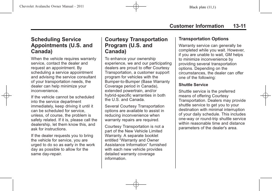 Scheduling service appointments (u.s. and canada), Courtesy transportation program (u.s. and canada), Scheduling service | Appointments (u.s. and canada) -11, Courtesy transportation, Program (u.s. and canada) -11 | CHEVROLET 2011 Avalanche User Manual | Page 487 / 508