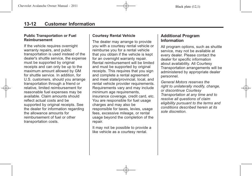 12 customer information | CHEVROLET 2011 Avalanche User Manual | Page 488 / 508