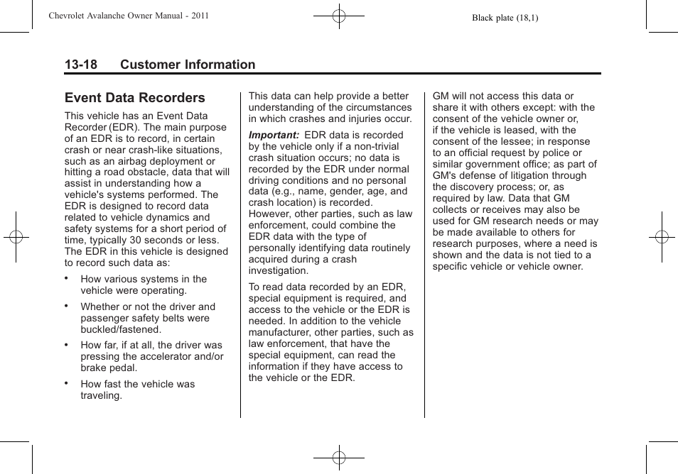 Event data recorders, Event data recorders -18, 18 customer information | CHEVROLET 2011 Avalanche User Manual | Page 494 / 508