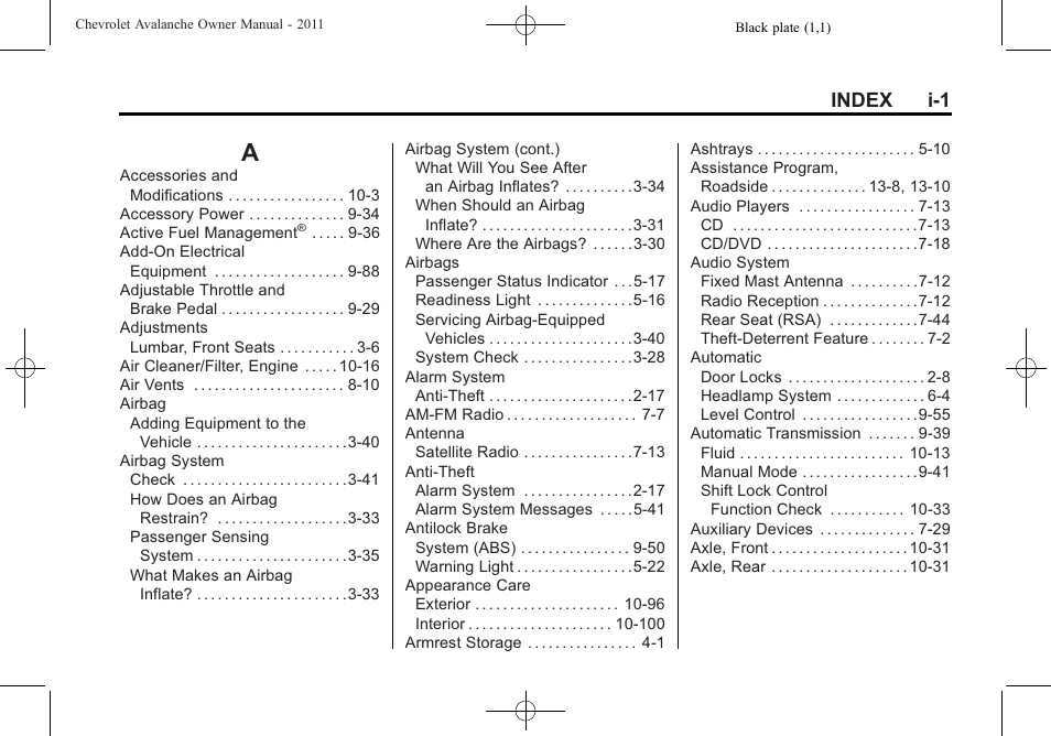 Index, Index_a, Index i-1 | CHEVROLET 2011 Avalanche User Manual | Page 497 / 508