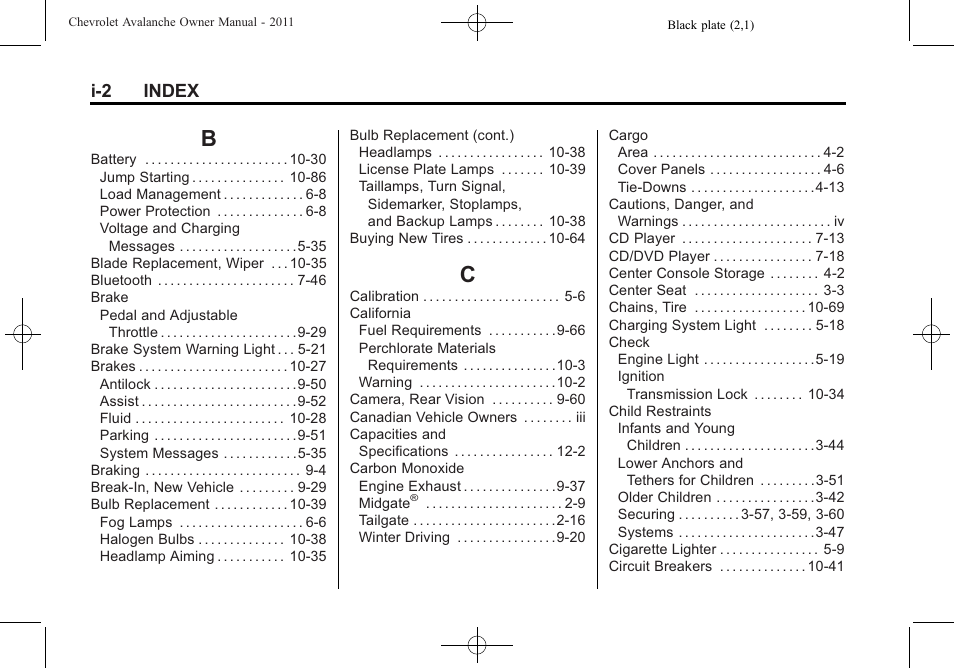 Index_b, Index_c, I-2 index | CHEVROLET 2011 Avalanche User Manual | Page 498 / 508