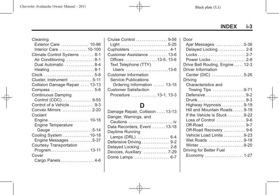 Index_d, Index i-3 | CHEVROLET 2011 Avalanche User Manual | Page 499 / 508