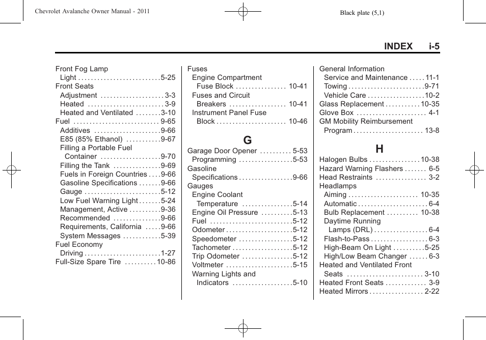 Index_g, Index_h, Index i-5 | CHEVROLET 2011 Avalanche User Manual | Page 501 / 508