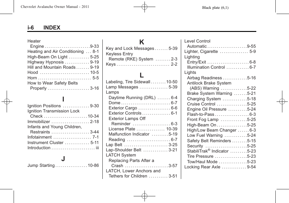 Index_i, Index_j, Index_k | Index_l | CHEVROLET 2011 Avalanche User Manual | Page 502 / 508
