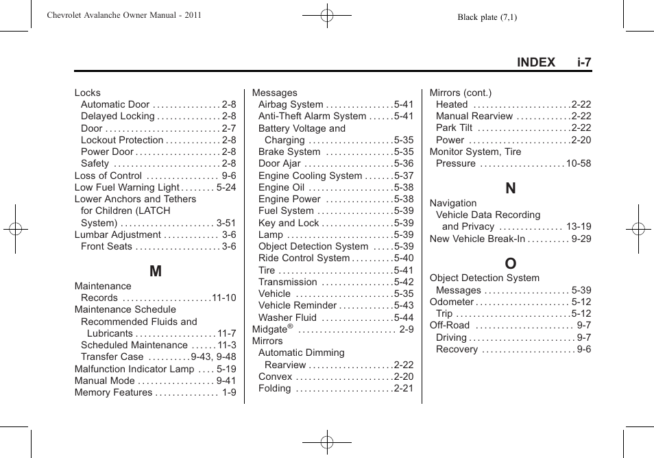 Index_m, Index_n, Index_o | Index i-7 | CHEVROLET 2011 Avalanche User Manual | Page 503 / 508