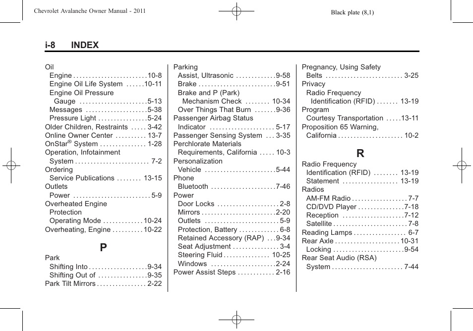 Index_p, Index_r, I-8 index | CHEVROLET 2011 Avalanche User Manual | Page 504 / 508