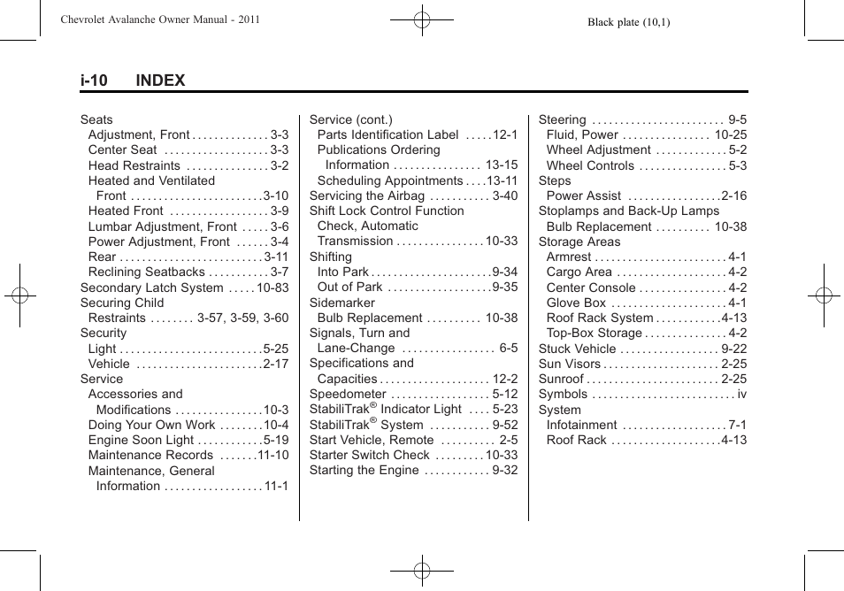 I-10 index | CHEVROLET 2011 Avalanche User Manual | Page 506 / 508