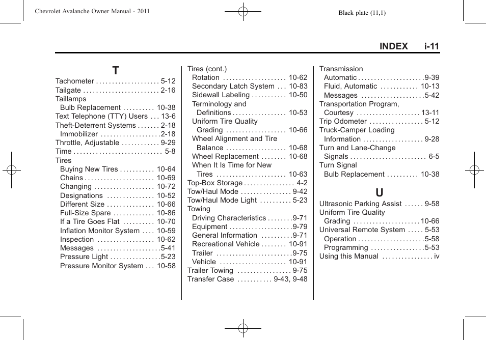 Index_t, Index_u, Index i-11 | CHEVROLET 2011 Avalanche User Manual | Page 507 / 508