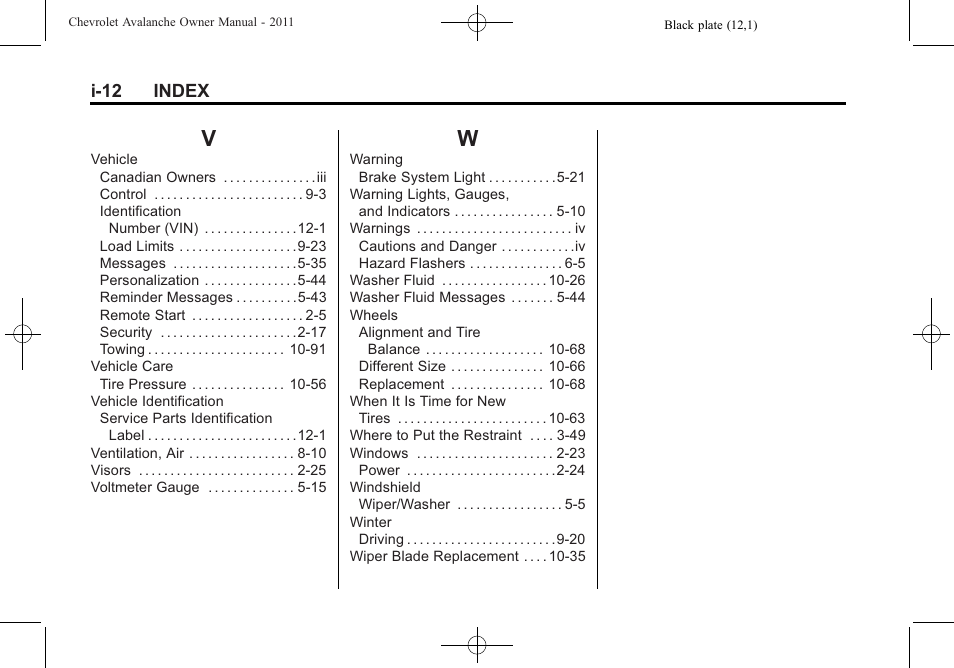 Index_v, Index_w | CHEVROLET 2011 Avalanche User Manual | Page 508 / 508
