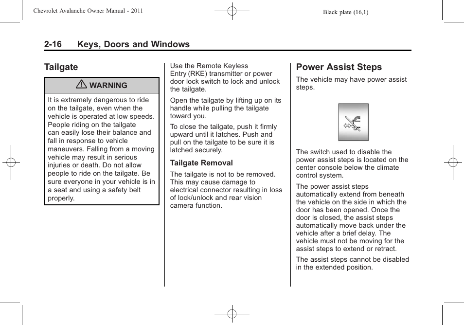 Tailgate, Power assist steps, Tailgate -16 power assist steps -16 | CHEVROLET 2011 Avalanche User Manual | Page 52 / 508