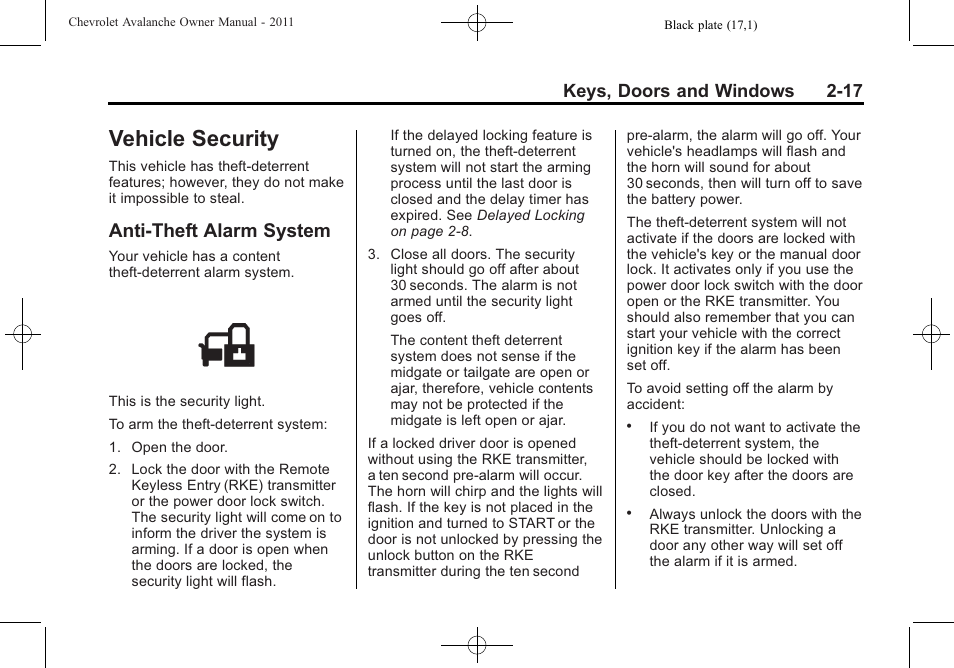 Vehicle security, Anti-theft alarm system, Vehicle security -17 | Information, Vehicle security -17 anti-theft alarm system -17, Keys, doors and windows 2-17 | CHEVROLET 2011 Avalanche User Manual | Page 53 / 508