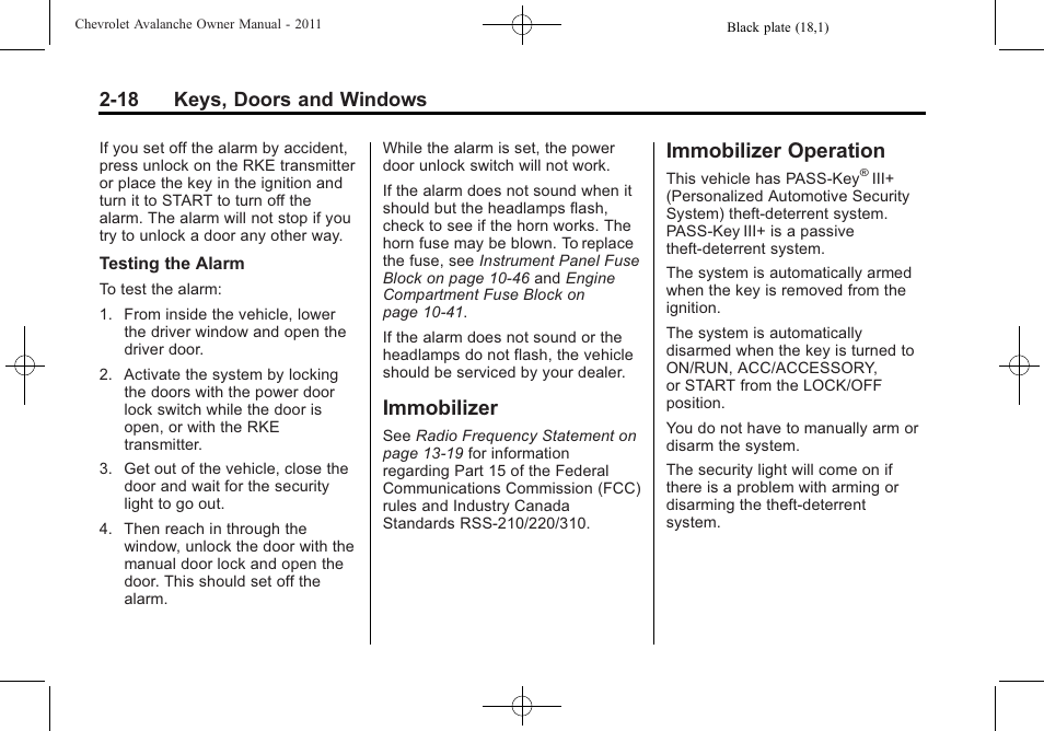 Immobilizer, Immobilizer operation, Immobilizer -18 immobilizer operation -18 | 18 keys, doors and windows | CHEVROLET 2011 Avalanche User Manual | Page 54 / 508