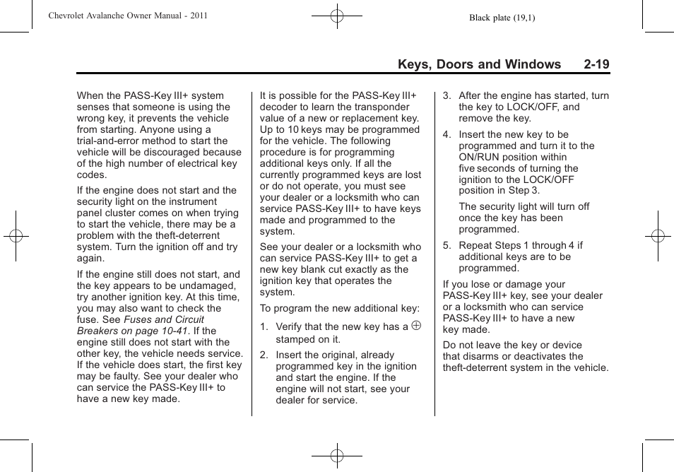Keys, doors and windows 2-19 | CHEVROLET 2011 Avalanche User Manual | Page 55 / 508