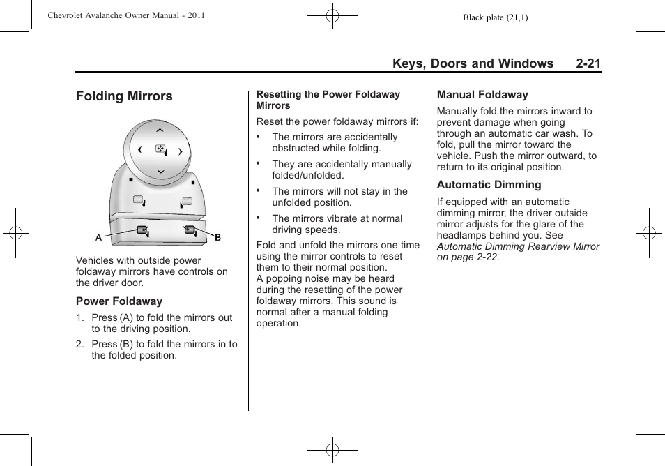 Folding mirrors, Folding mirrors -21, Keys, doors and windows 2-21 | CHEVROLET 2011 Avalanche User Manual | Page 57 / 508