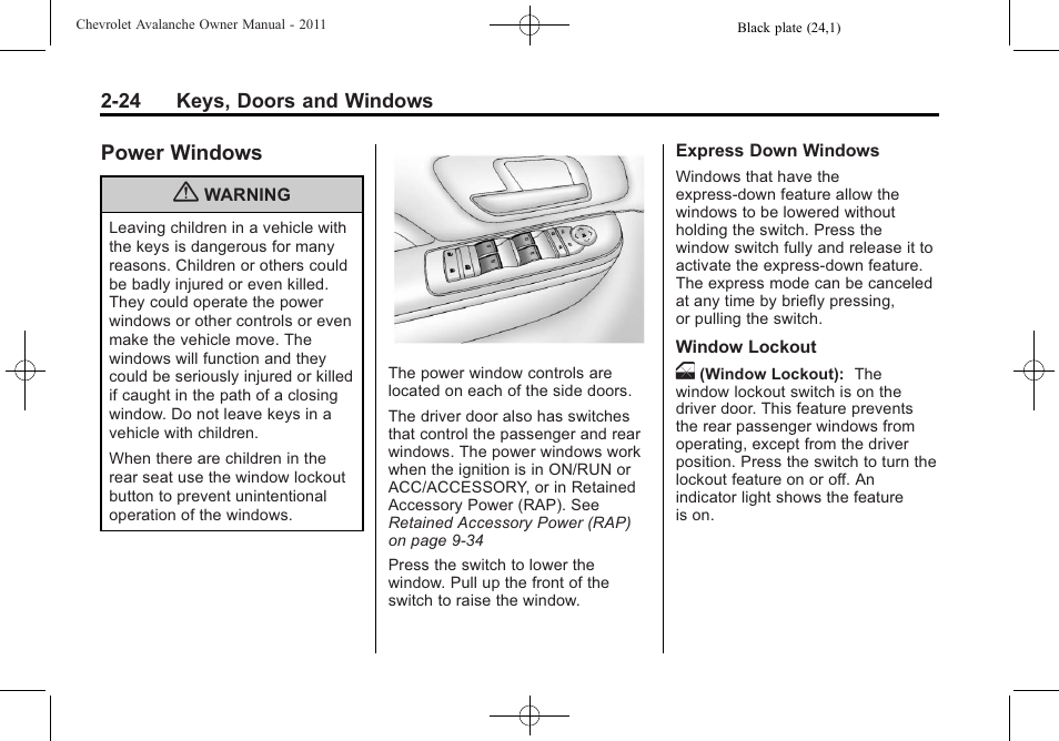 Power windows, Power windows -24 | CHEVROLET 2011 Avalanche User Manual | Page 60 / 508