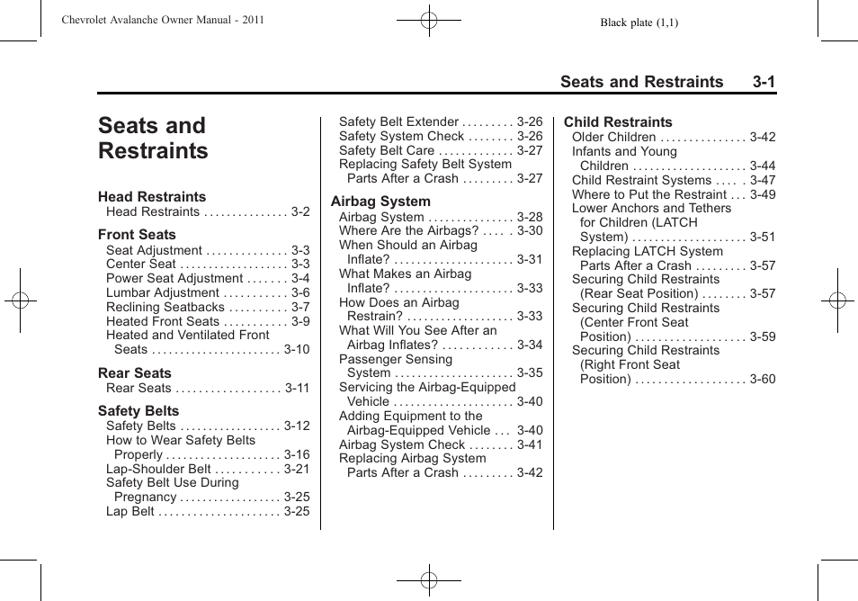 Seats and restraints, Seats and restraints -1, Seats and restraints 3-1 | CHEVROLET 2011 Avalanche User Manual | Page 63 / 508