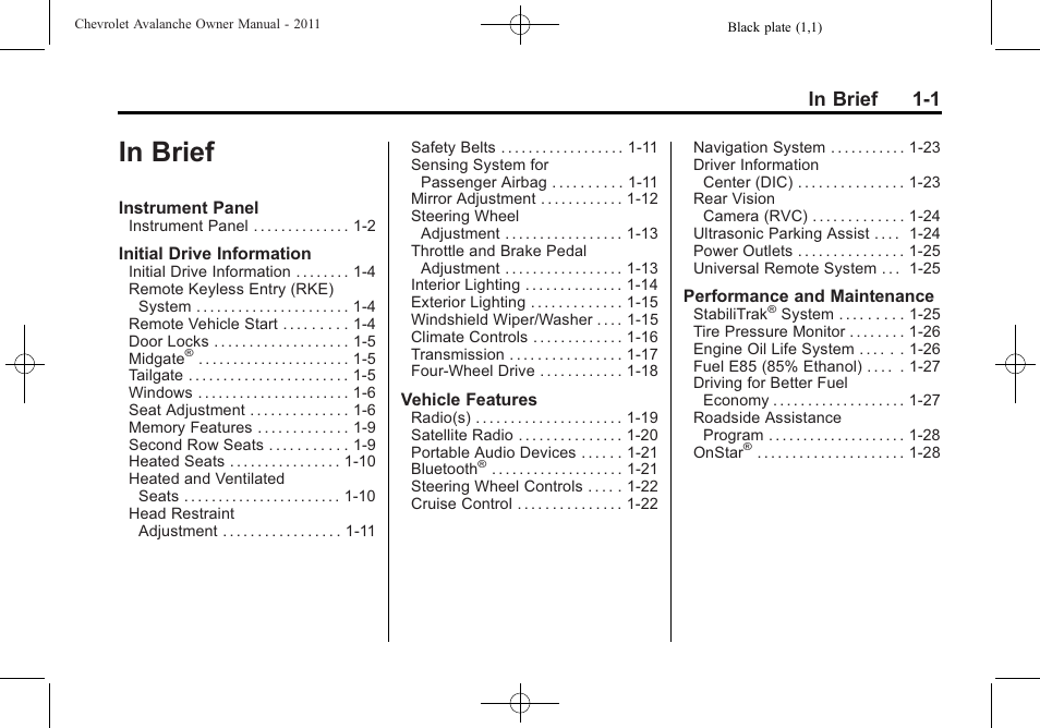 In brief, In brief -1 | CHEVROLET 2011 Avalanche User Manual | Page 7 / 508