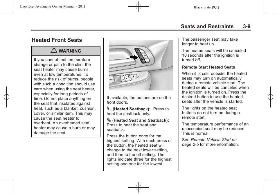 Heated front seats, Heated front seats -9 | CHEVROLET 2011 Avalanche User Manual | Page 71 / 508