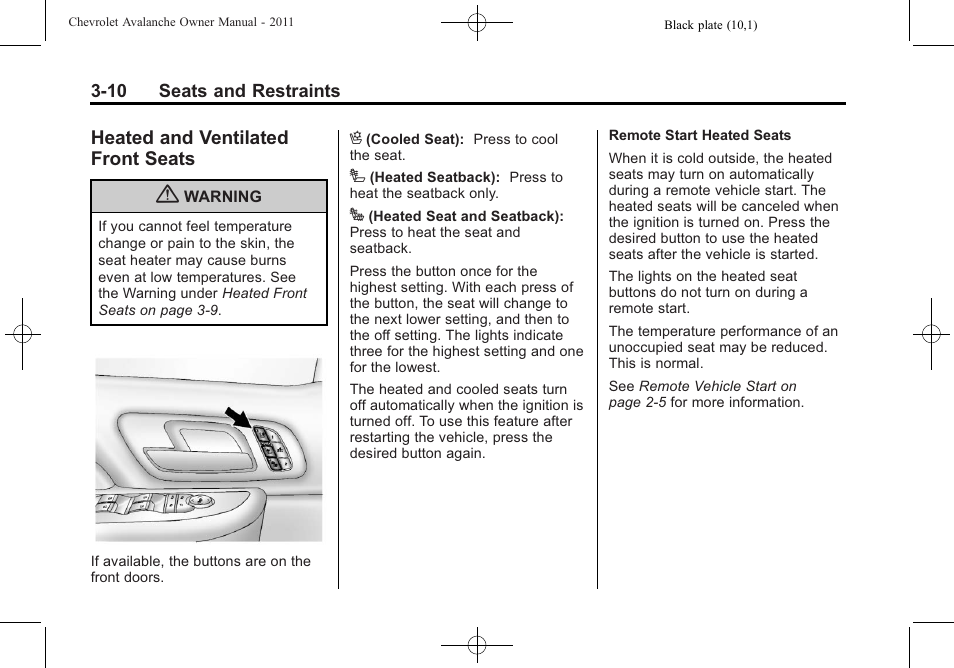Heated and ventilated front seats, Heated and ventilated front, Seats -10 | CHEVROLET 2011 Avalanche User Manual | Page 72 / 508