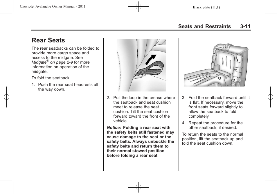 Rear seats, Rear seats -11, Seats and restraints 3-11 | CHEVROLET 2011 Avalanche User Manual | Page 73 / 508