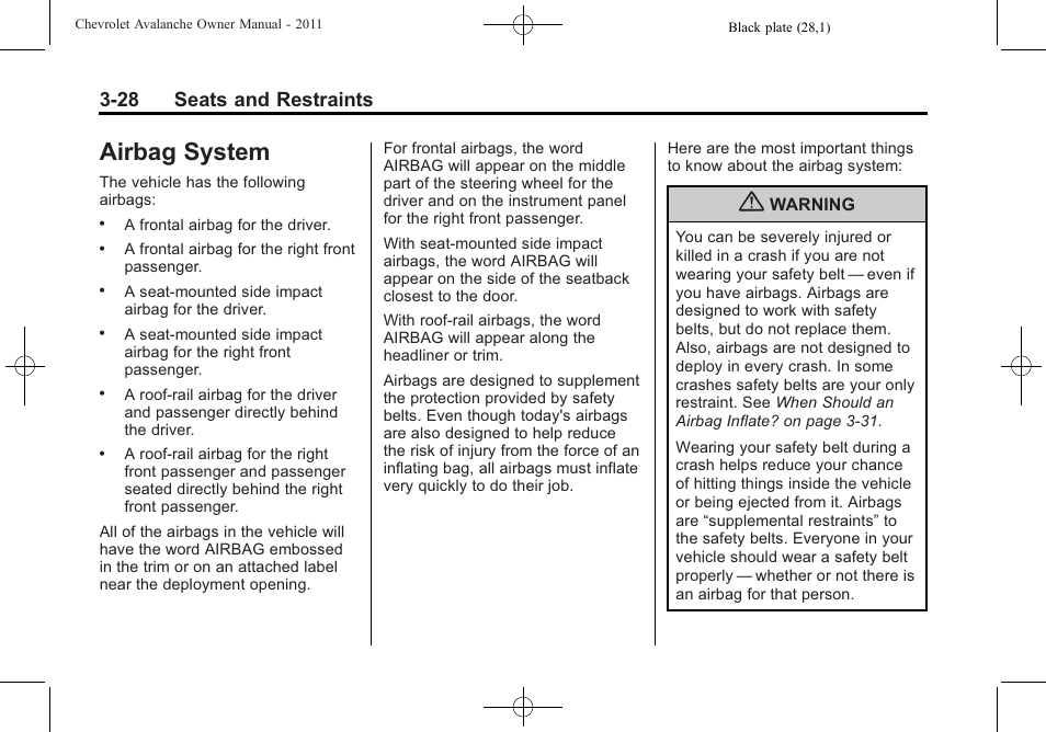 Airbag system, Airbag system -28, 28 seats and restraints | CHEVROLET 2011 Avalanche User Manual | Page 90 / 508