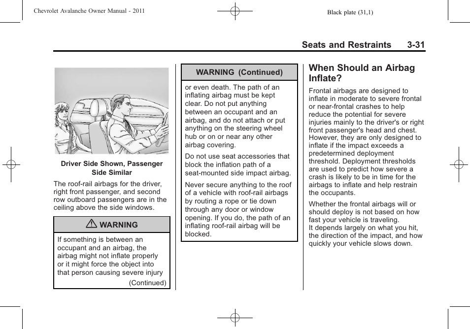 When should an airbag inflate, When should an airbag, Inflate? -31 | CHEVROLET 2011 Avalanche User Manual | Page 93 / 508
