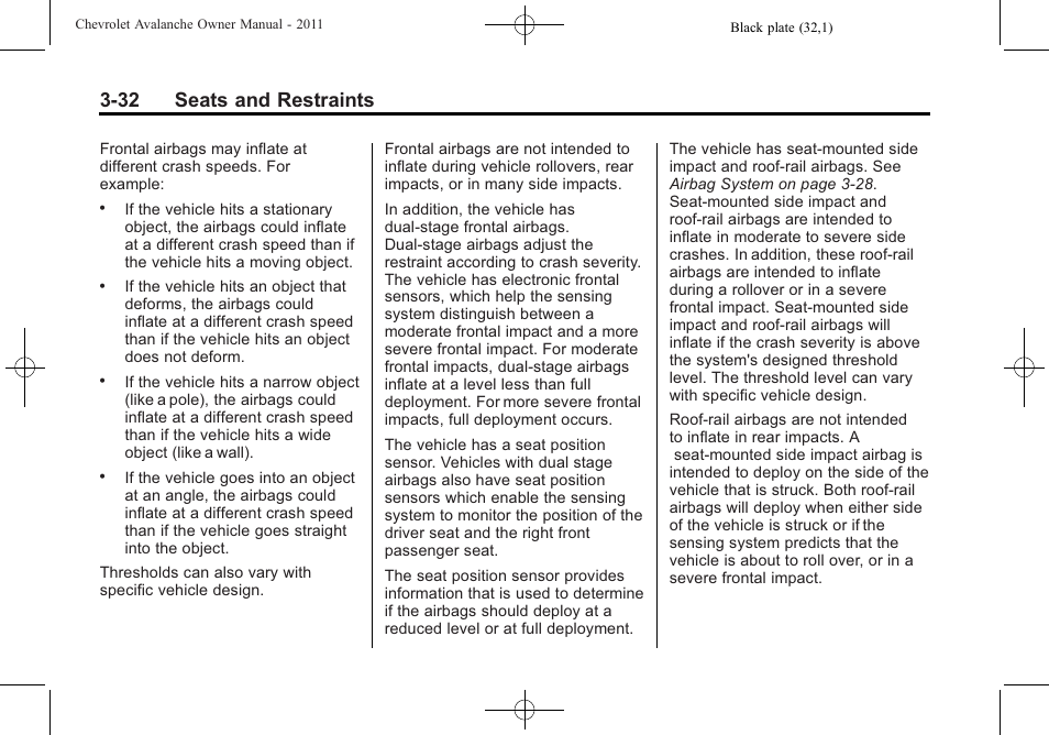 32 seats and restraints | CHEVROLET 2011 Avalanche User Manual | Page 94 / 508