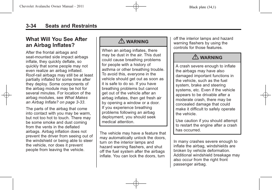 What will you see after an airbag inflates, What will you see after an, Airbag inflates? -34 | CHEVROLET 2011 Avalanche User Manual | Page 96 / 508