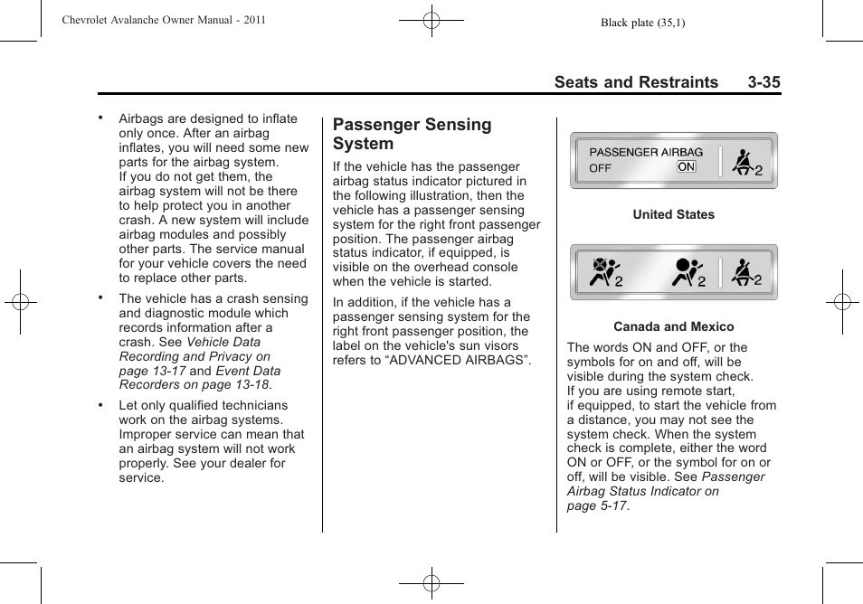 Passenger sensing system, Passenger sensing, System -35 | Position), Seats and restraints 3-35 | CHEVROLET 2011 Avalanche User Manual | Page 97 / 508
