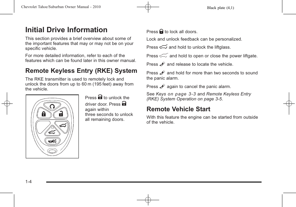 Initial drive information, Remote keyless entry (rke) system, Remote vehicle start | Initial drive information -4, Mirrors -54 | CHEVROLET 2010 Suburban User Manual | Page 10 / 614