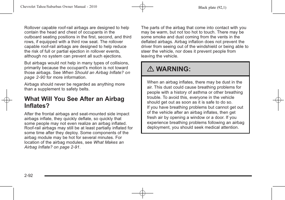 What will you see after an airbag inflates, What will you see after an airbag inflates? -92, Warning | CHEVROLET 2010 Suburban User Manual | Page 130 / 614
