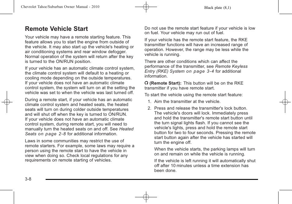 Remote vehicle start, Remote vehicle start -8 | CHEVROLET 2010 Suburban User Manual | Page 148 / 614