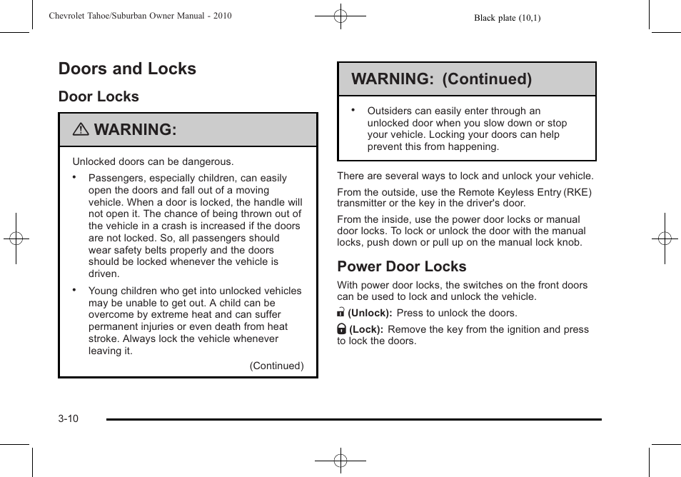 Doors and locks, Door locks, Power door locks | Doors and locks -10, Towing, Door locks -10 power door locks -10, Warning, Warning: (continued) | CHEVROLET 2010 Suburban User Manual | Page 150 / 614