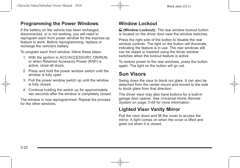 Sun visors, Sun visors -22, Programming the power windows | Window lockout, Lighted visor vanity mirror | CHEVROLET 2010 Suburban User Manual | Page 162 / 614