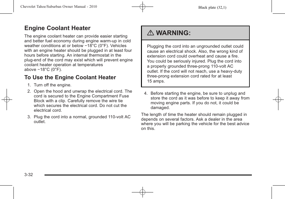 Engine coolant heater, Engine coolant heater -32, Warning | CHEVROLET 2010 Suburban User Manual | Page 172 / 614