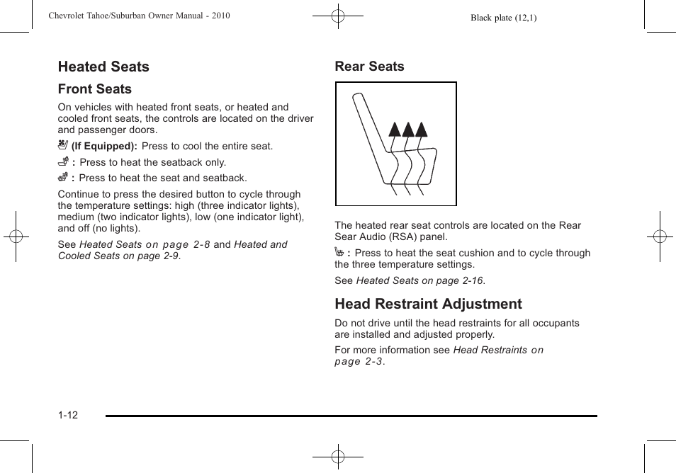Heated seats, Head restraint adjustment, Heated seats -12 head restraint adjustment -12 | CHEVROLET 2010 Suburban User Manual | Page 18 / 614
