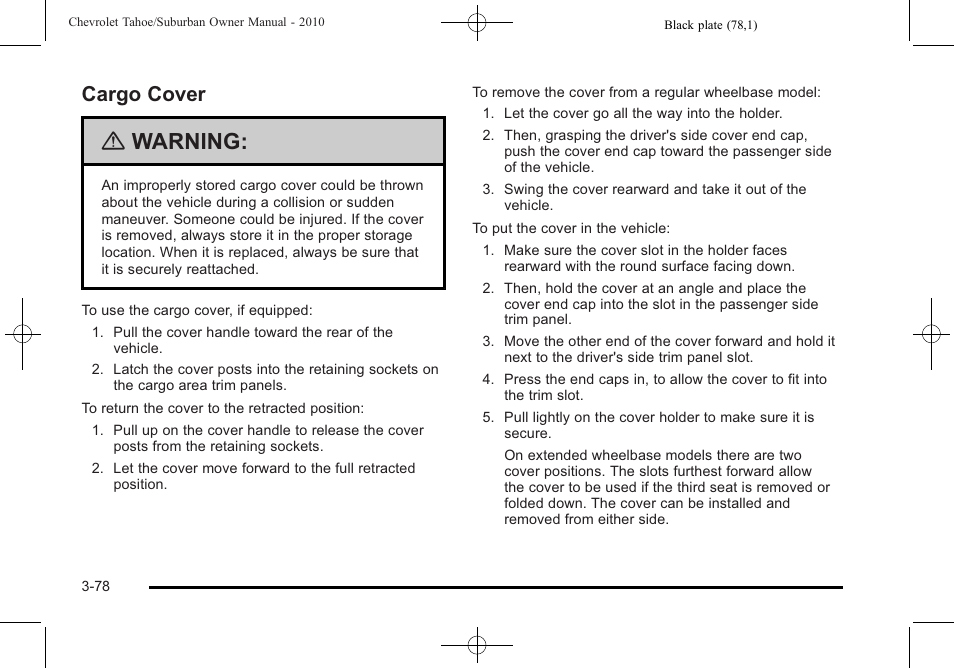 Cargo cover, Cargo cover -78, Warning | CHEVROLET 2010 Suburban User Manual | Page 218 / 614