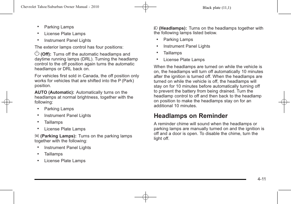 Headlamps on reminder, Headlamps on reminder -11 | CHEVROLET 2010 Suburban User Manual | Page 231 / 614