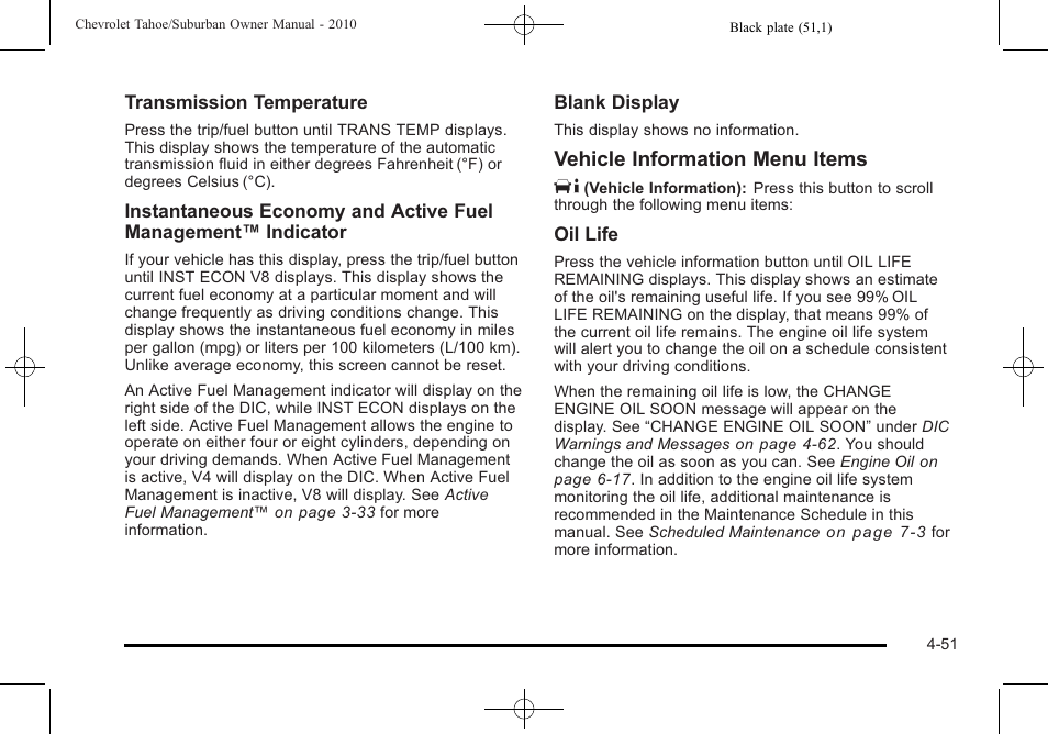 Vehicle information menu items t | CHEVROLET 2010 Suburban User Manual | Page 271 / 614