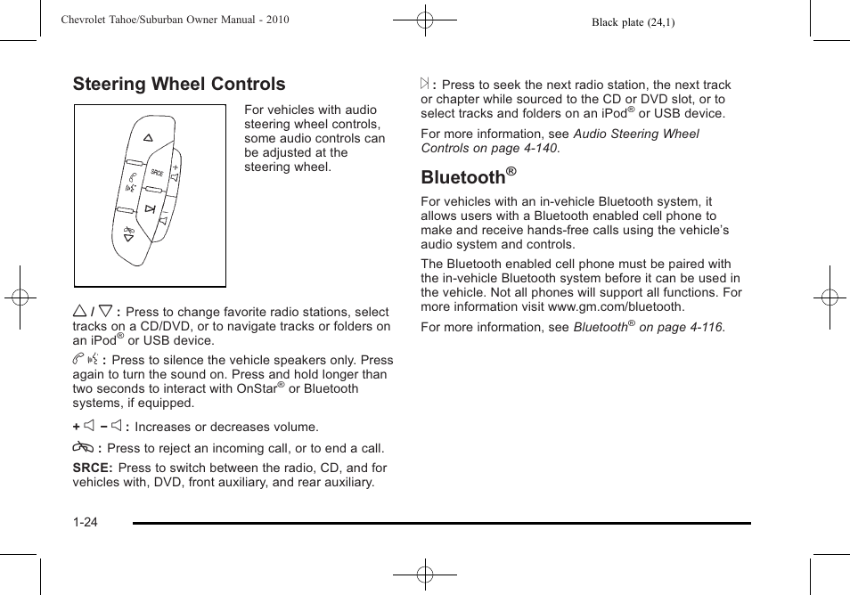 Steering wheel controls, Bluetooth, Steering wheel controls -24 bluetooth | CHEVROLET 2010 Suburban User Manual | Page 30 / 614