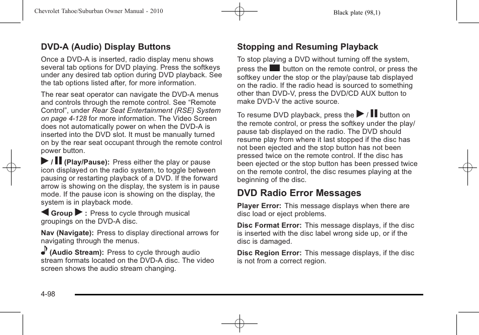 Dvd radio error messages | CHEVROLET 2010 Suburban User Manual | Page 318 / 614