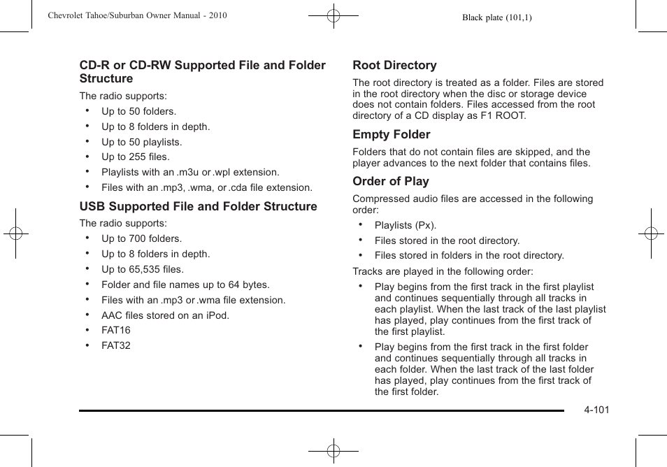 Cd‐r or cd‐rw supported file and folder structure, Usb supported file and folder structure, Root directory | Empty folder, Order of play | CHEVROLET 2010 Suburban User Manual | Page 321 / 614