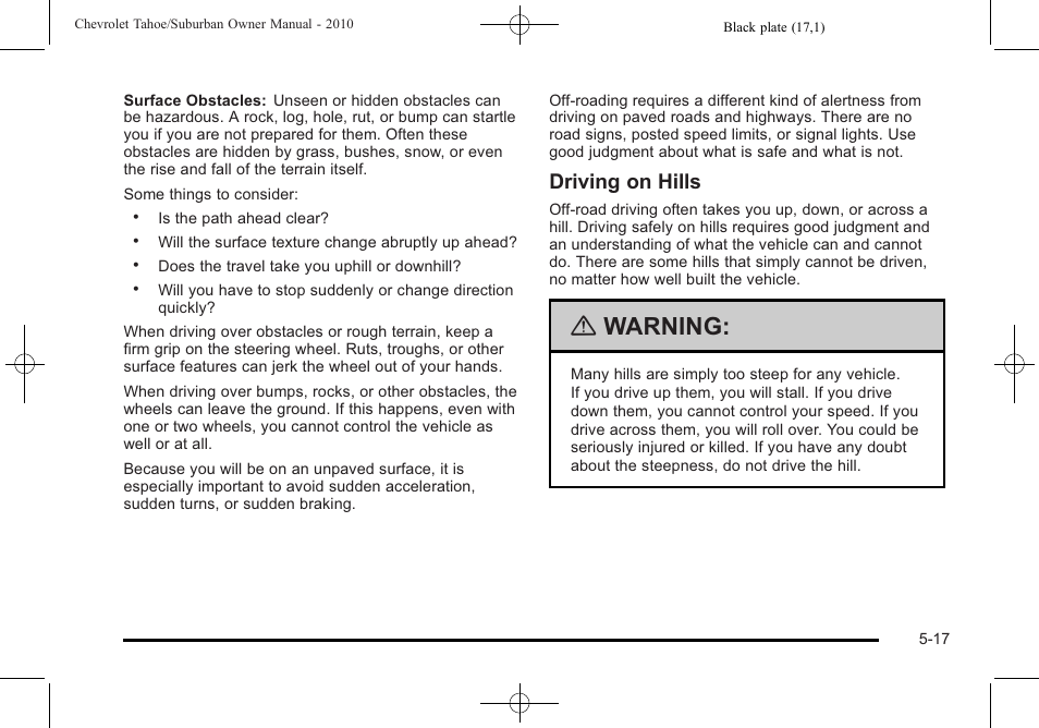 Warning, Driving on hills | CHEVROLET 2010 Suburban User Manual | Page 381 / 614