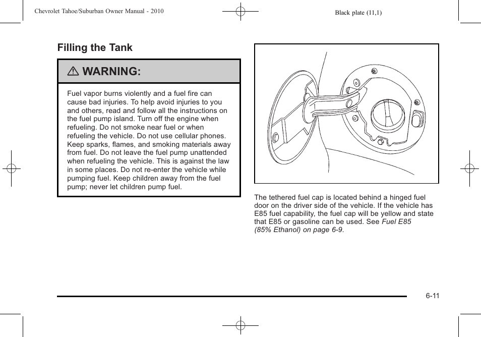 Filling the tank, Filling the tank -11, Warning | CHEVROLET 2010 Suburban User Manual | Page 445 / 614